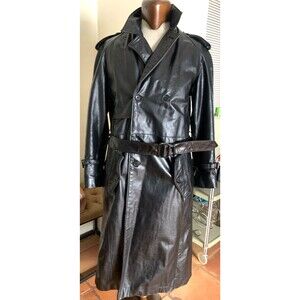 Vintage Jack Anthony Black Leather Trench Coat Dbl Breasted  Belted 1980's USA